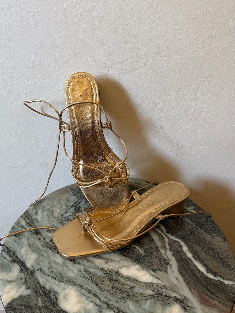Zara Metallic Gold Strappy Square-Toe Low Block Heel Sandals